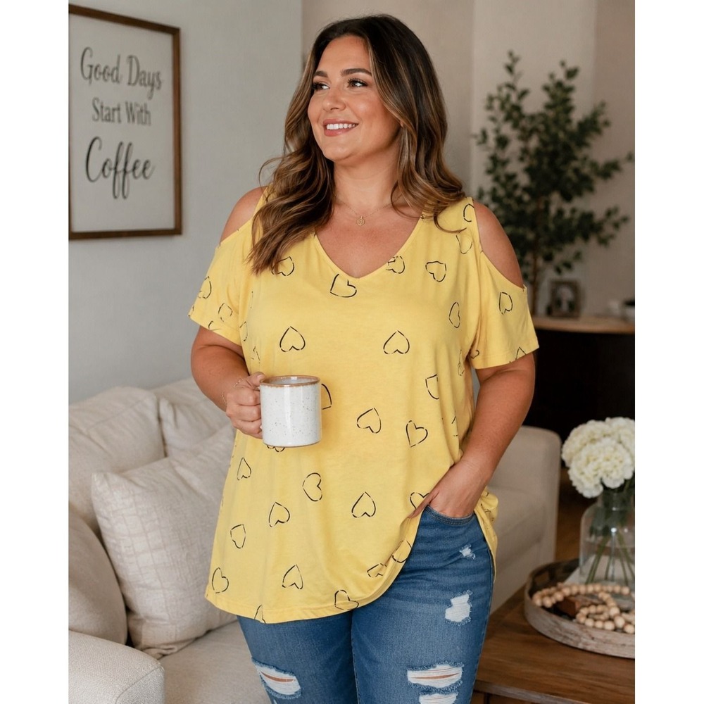 Yellow Heart Print Cold Shoulder V-Neck Top Short Sleeve